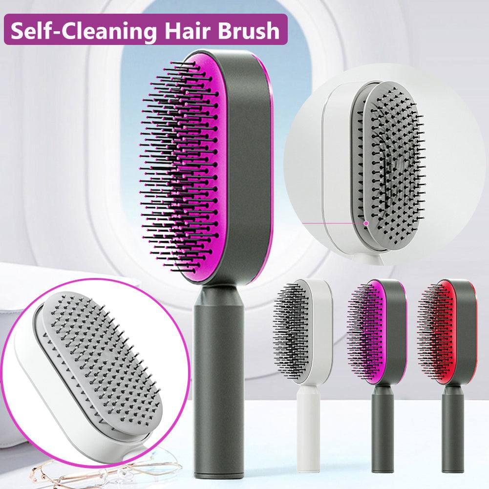 Self-cleaning hair brush with click push button design, featuring colors in black, white, and red. Suitable for all hair types.