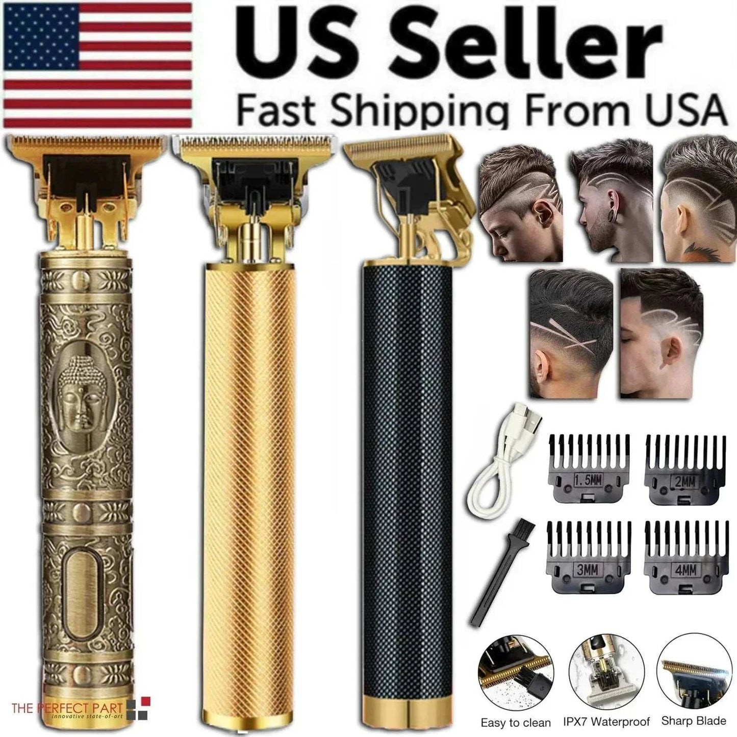 Rechargeable professional cordless men's hair trimmer with multiple designs, clipper heads, USB cable, and cleaning brush.