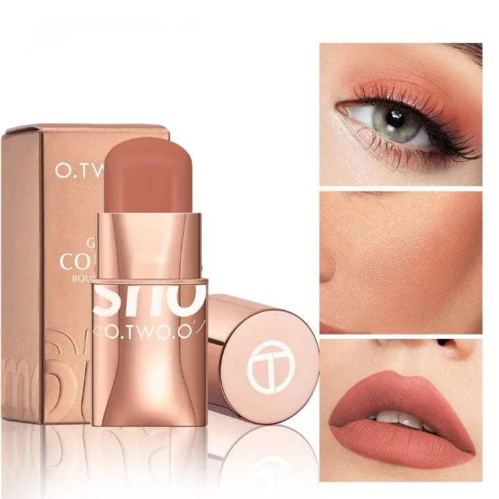 All-in-One Beauty Stick for eyes, lips, and cheeks in a sleek package, showing versatile makeup effects in warm shades.