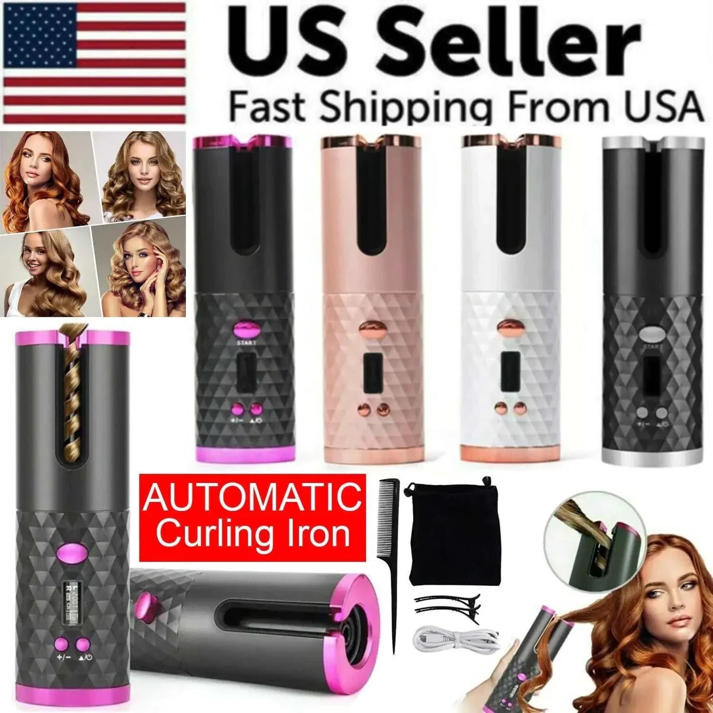 Wireless ceramic auto rotating hair curler in various colors with accessories, fast shipping from USA.
