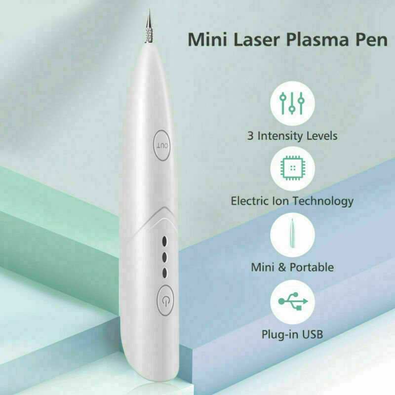 Mini laser plasma pen for freckle, mole, and dark spot removal with electric ion technology, 3 intensity levels, USB charging.