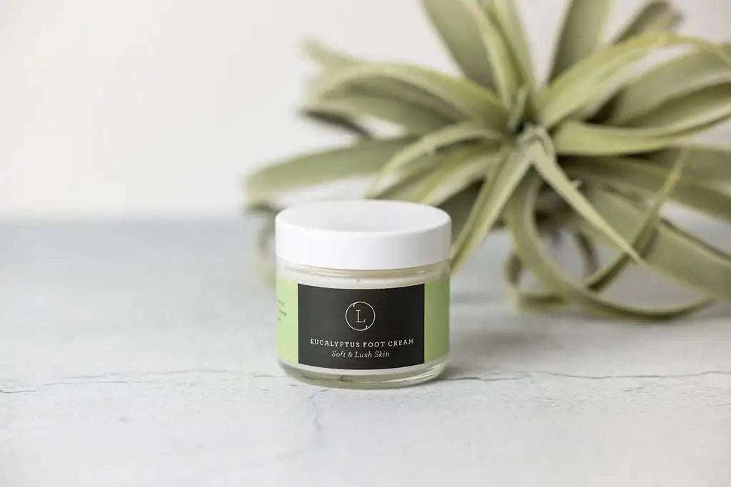 Eucalyptus foot cream jar with soft lush skin label, part of Valentine's day luxury spa gift set.