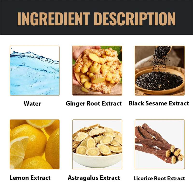 Hair Growth Shampoo ingredient description with water, ginger root extract, black sesame extract, lemon extract, astragalus extract, and licorice root extract.