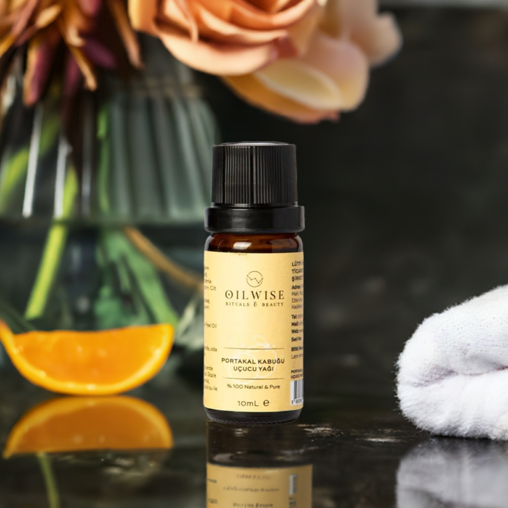 Oilwise Orange Peel Oil 10 ml bottle with aromatic and rejuvenating properties.