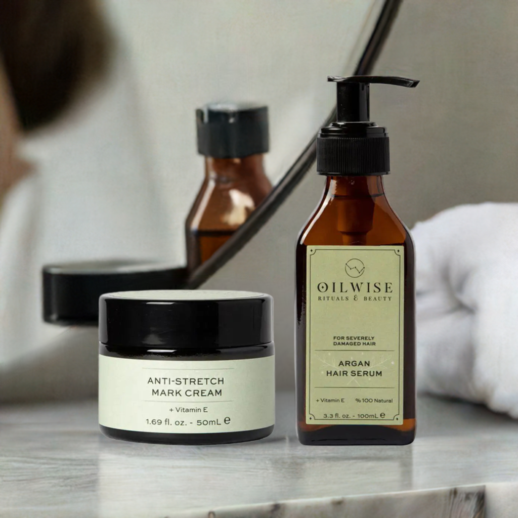 Oilwise Anti Stretch Cream & Argan Hair Serum Set with natural ingredients for skin and hair care.