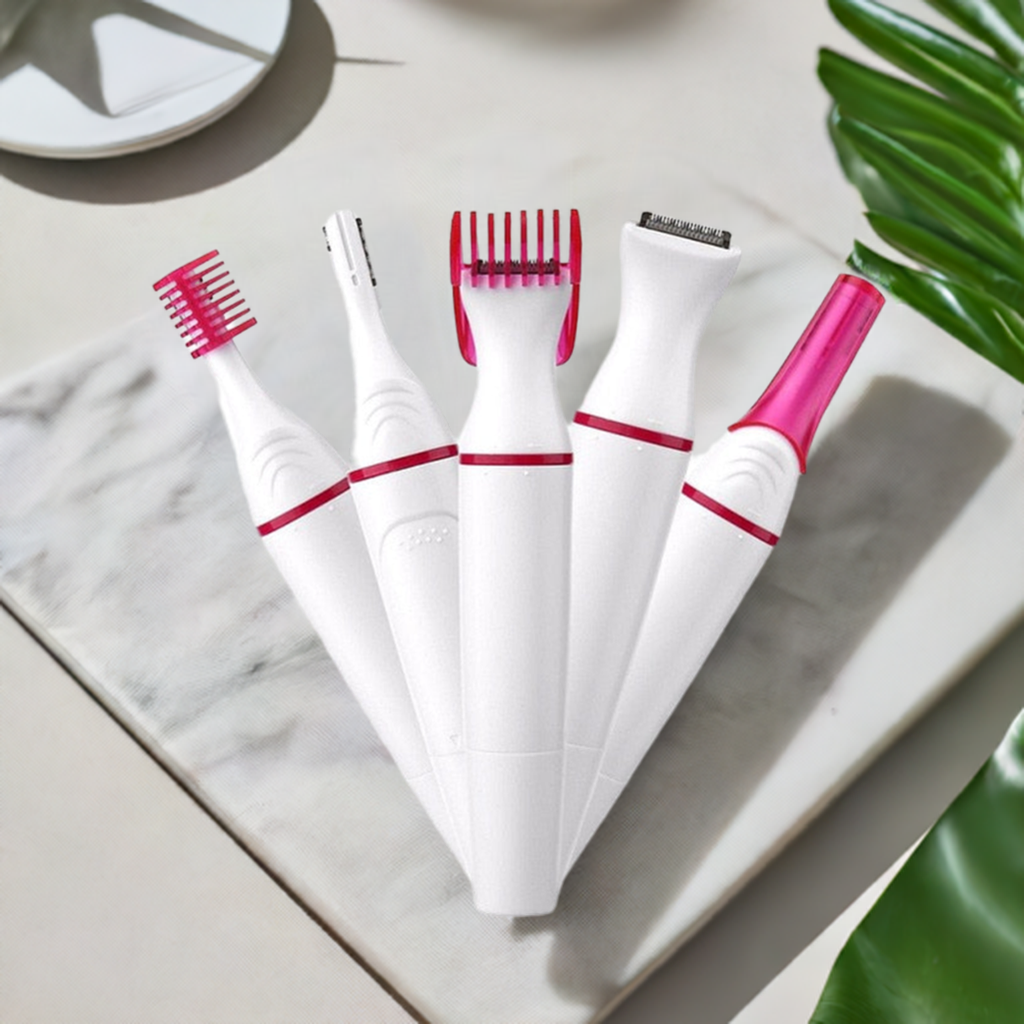 5 In 1 Multifunction Hair Removal Combo with attachments for trimming, shaving, and precise hair removal, designed for convenience and portability.