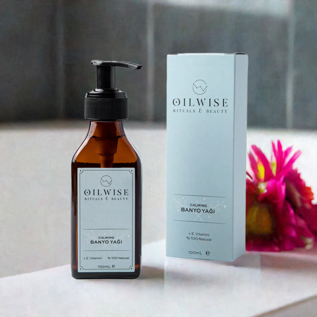 Oilwise Calming Bath Oil 100 ml bottle with natural ingredients and vitamin E packaging.