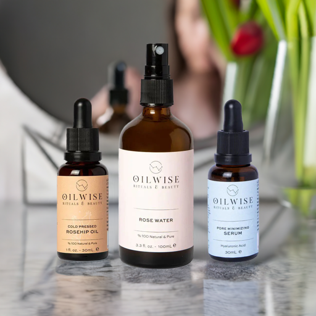 Oilwise Anti-Blemish Moisturizing Kit with rosehip seed oil and rose water for pore reduction and skin enhancement.