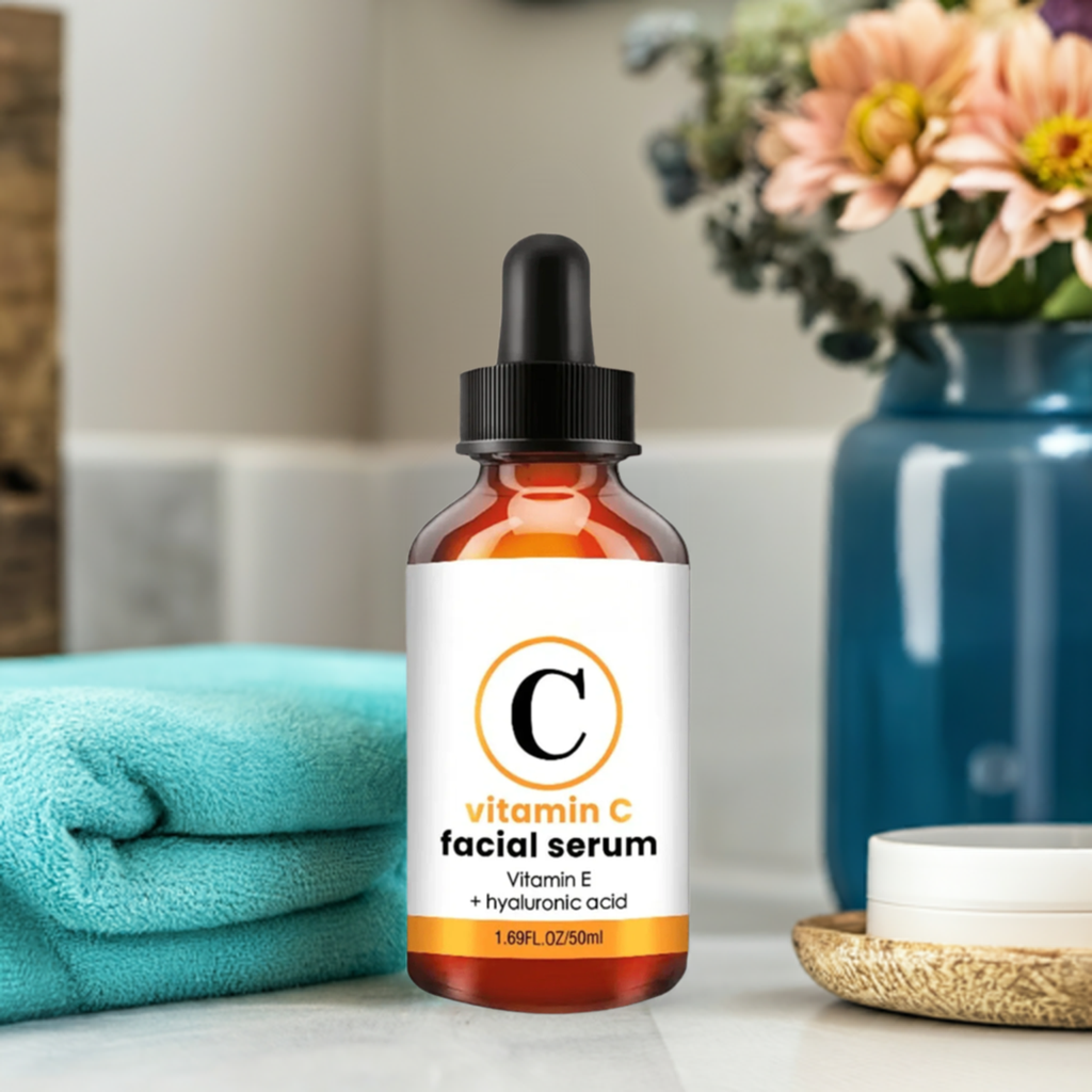 Glomaxe Activating Serum bottle on a bathroom counter next to a blue towel and flowers.
