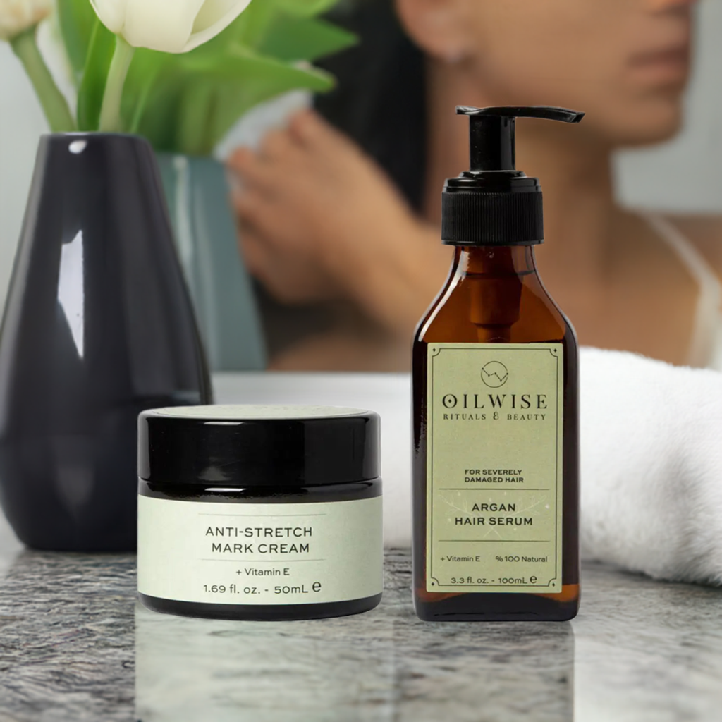Oilwise Anti Stretch Cream & Argan Hair Serum Set for skin elasticity and hair repair, featuring anti-stretch mark cream and argan hair serum in a bathroom setting.