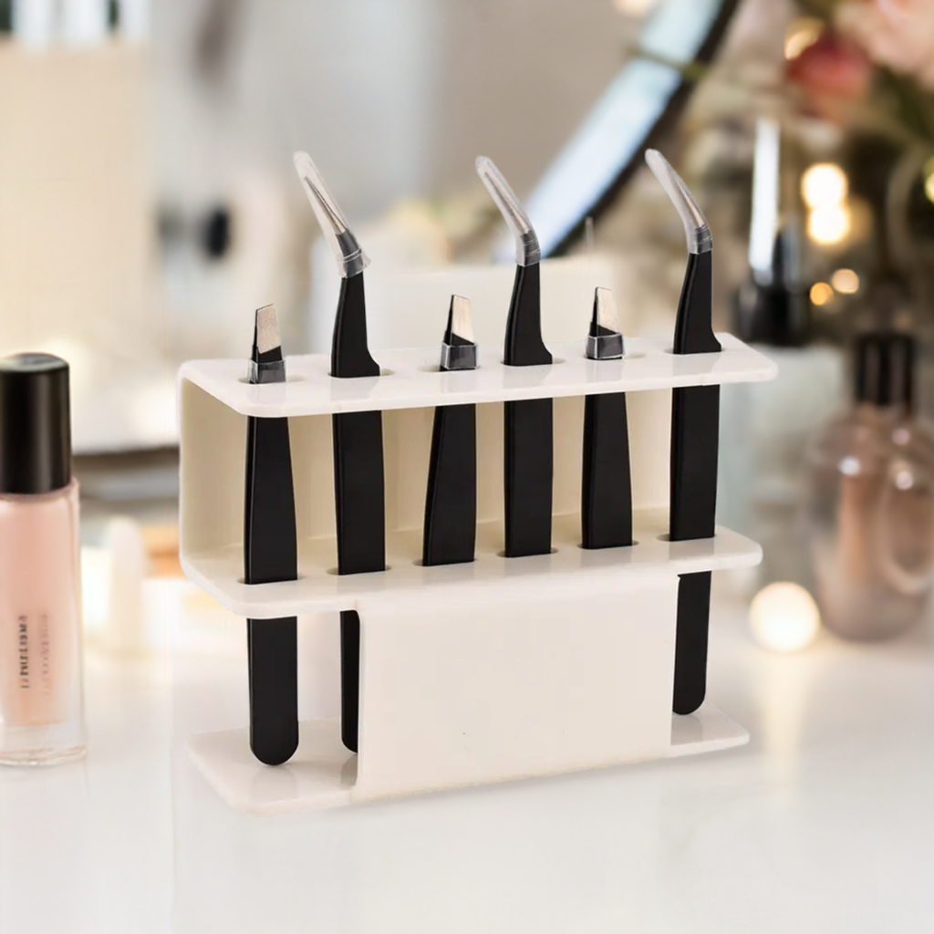 Acrylic Eyelash Tweezers Holder for organized beauty tools on vanity.