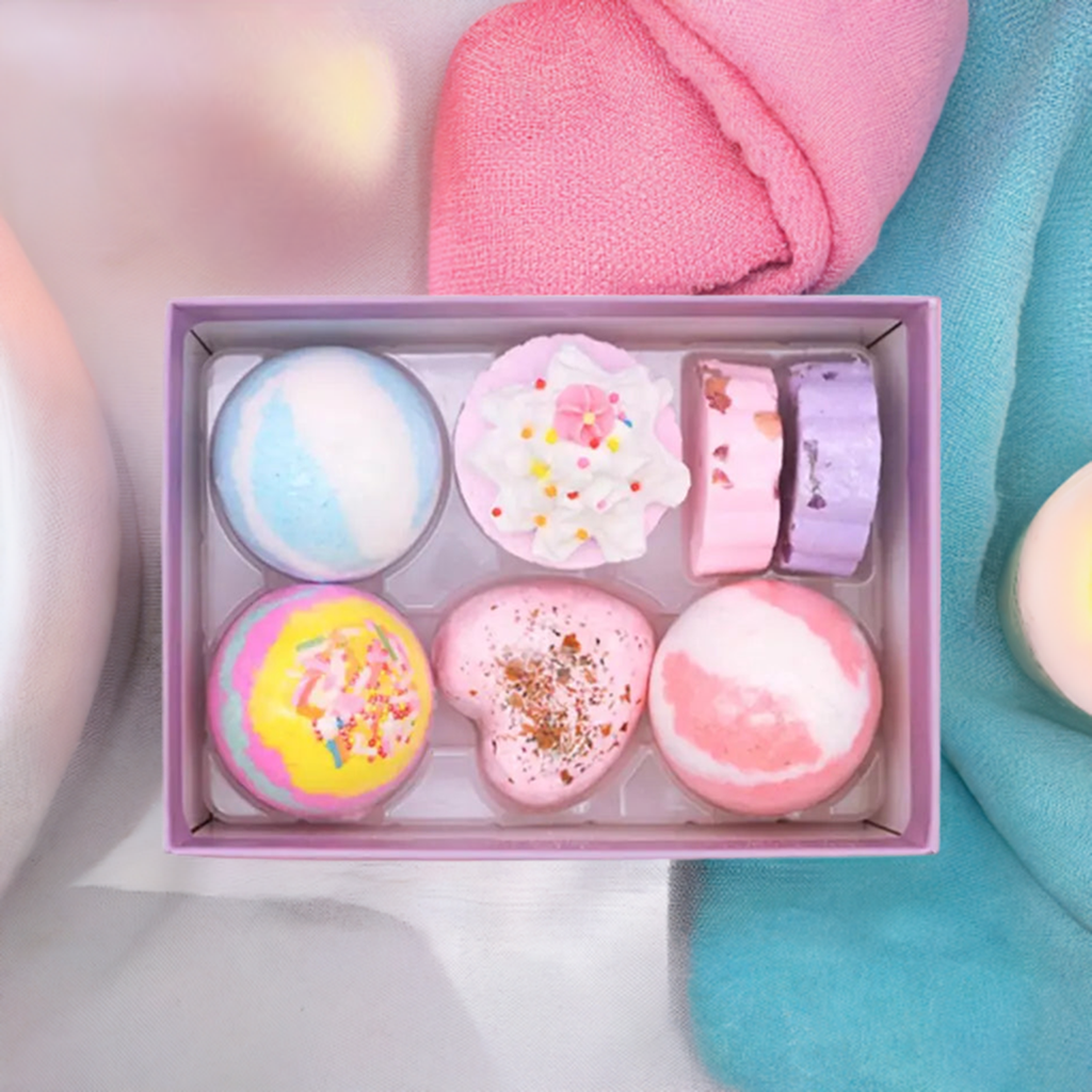 Bubble Spa Bath Bombs Set with colorful and fragrant bath bombs in a gift box.