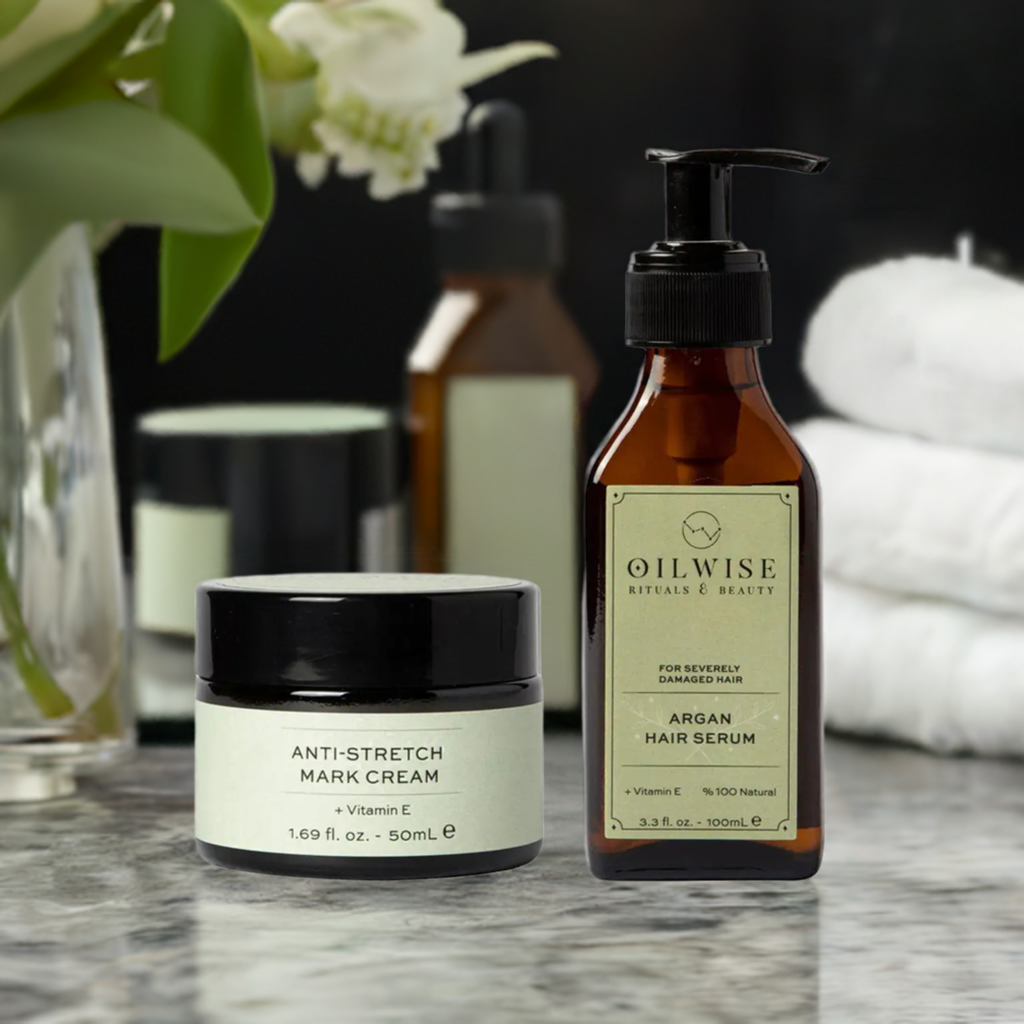 Oilwise Anti Stretch Cream & Argan Hair Serum Set with natural oils for skin elasticity and hair repair.