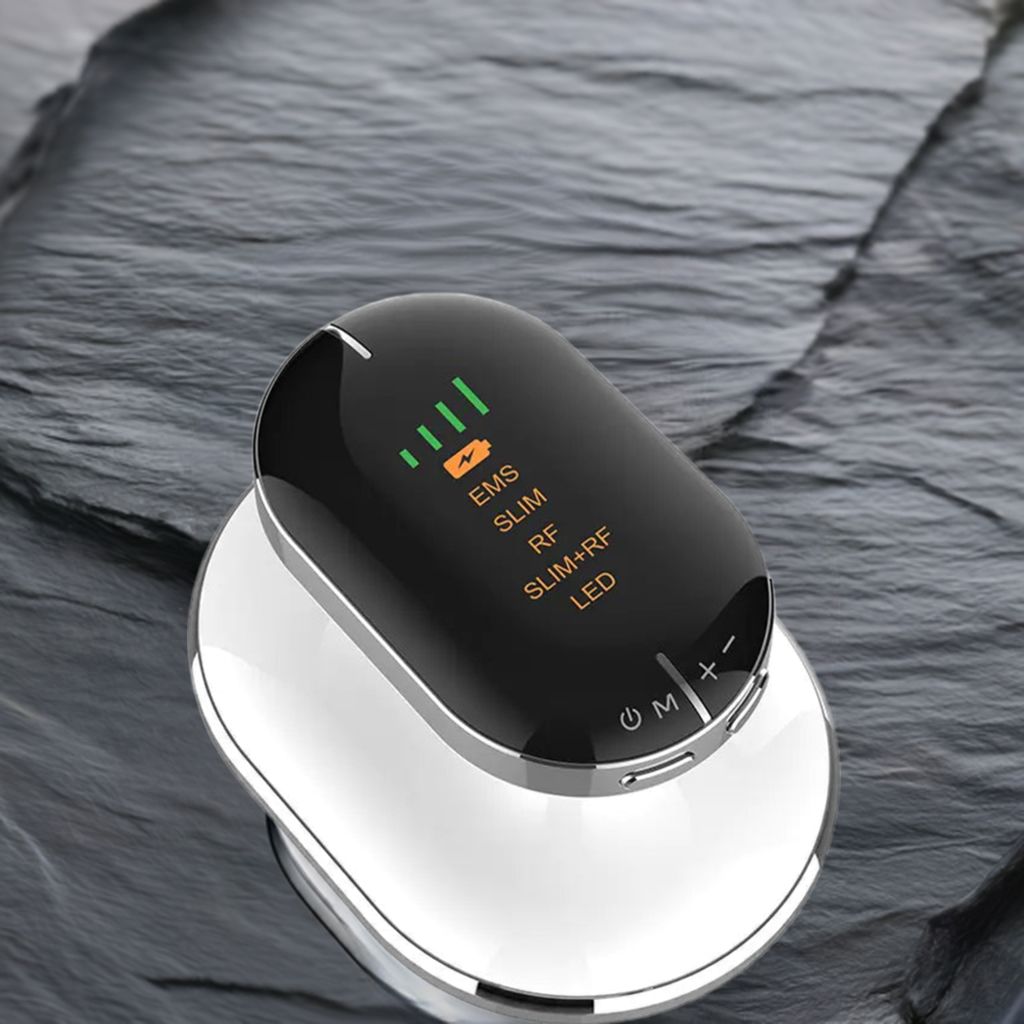 Advanced body contouring device with multiple modes on a sleek white base, featuring EMS, SLIM, and RF labels.