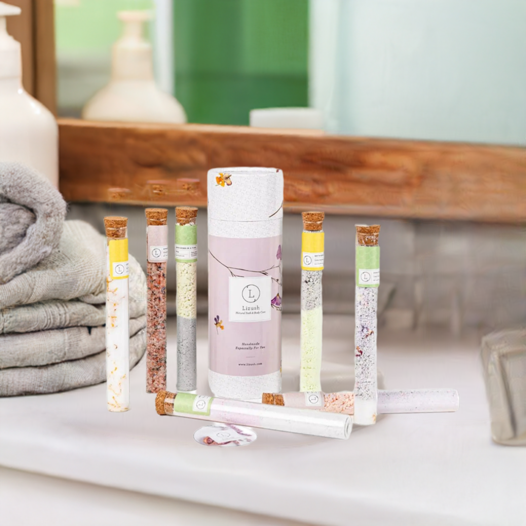 7 glass tubes of luxurious bath salts and bath bombs gift set, featuring botanical blends for a rejuvenating bath experience.