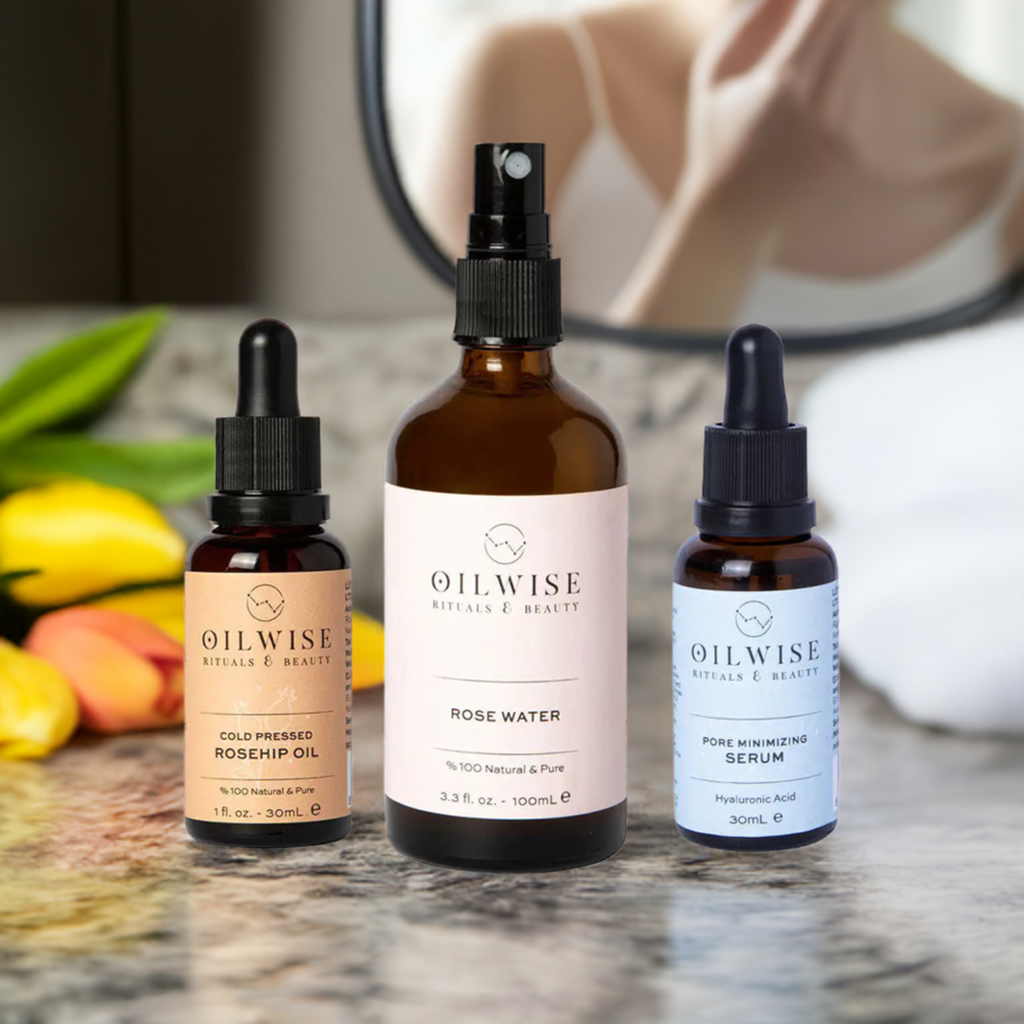 Oilwise Anti-Blemish Moisturizing Kit featuring rosehip seed oil, rose water, and pore minimizing serum for enhanced skin quality.