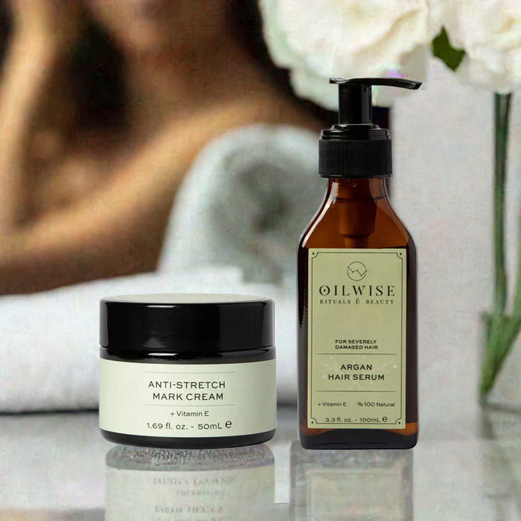 Oilwise Anti Stretch Cream and Argan Hair Serum Set for skin elasticity and hair repair.