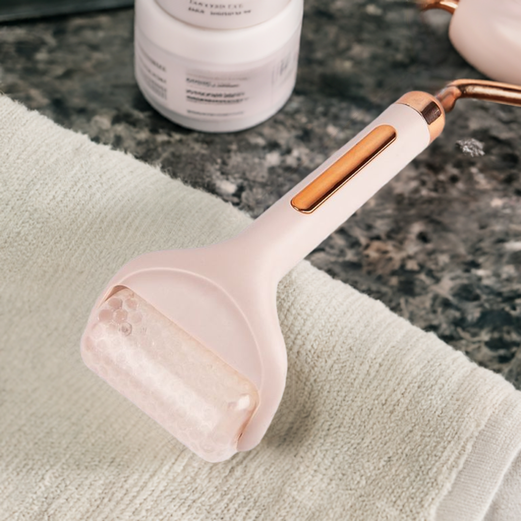 Ice Face Roller on a towel, designed for reducing puffiness and enhancing skin vitality.