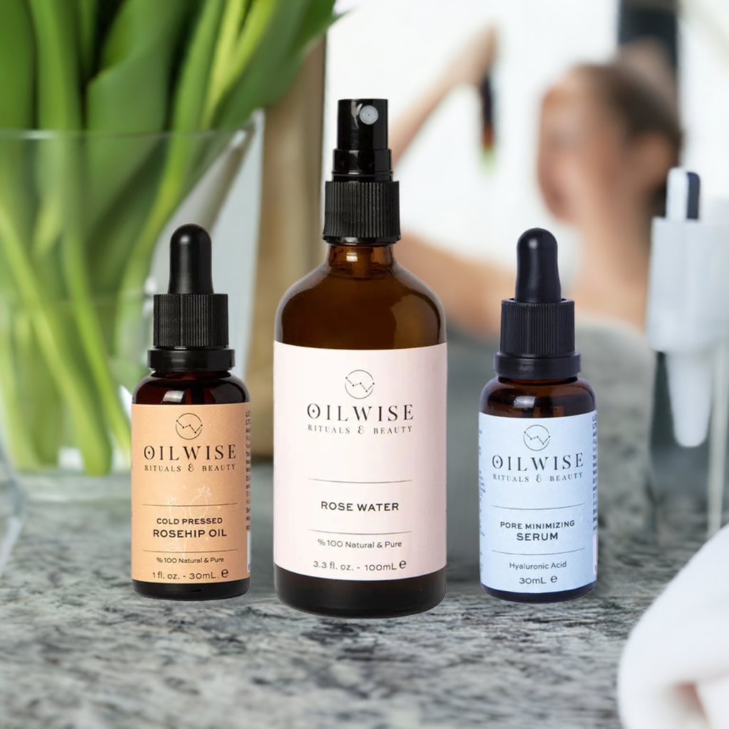 Oilwise Anti-Blemish Moisturizing Kit with rosehip oil, rose water, and serum.