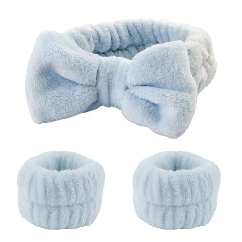 Plush Bow Hair & Wristband Set in blue fleece, includes headband and wrist cuffs for skincare routines.