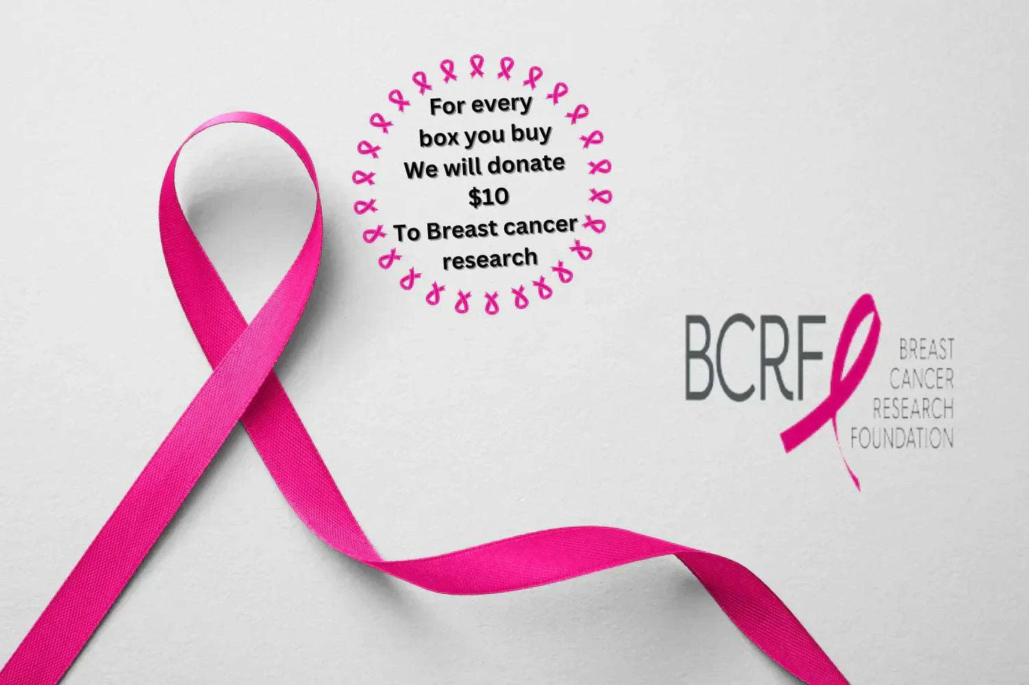 Breast Cancer Awareness Gift Box with pink ribbon alongside Breast Cancer Research Foundation logo and donation message.