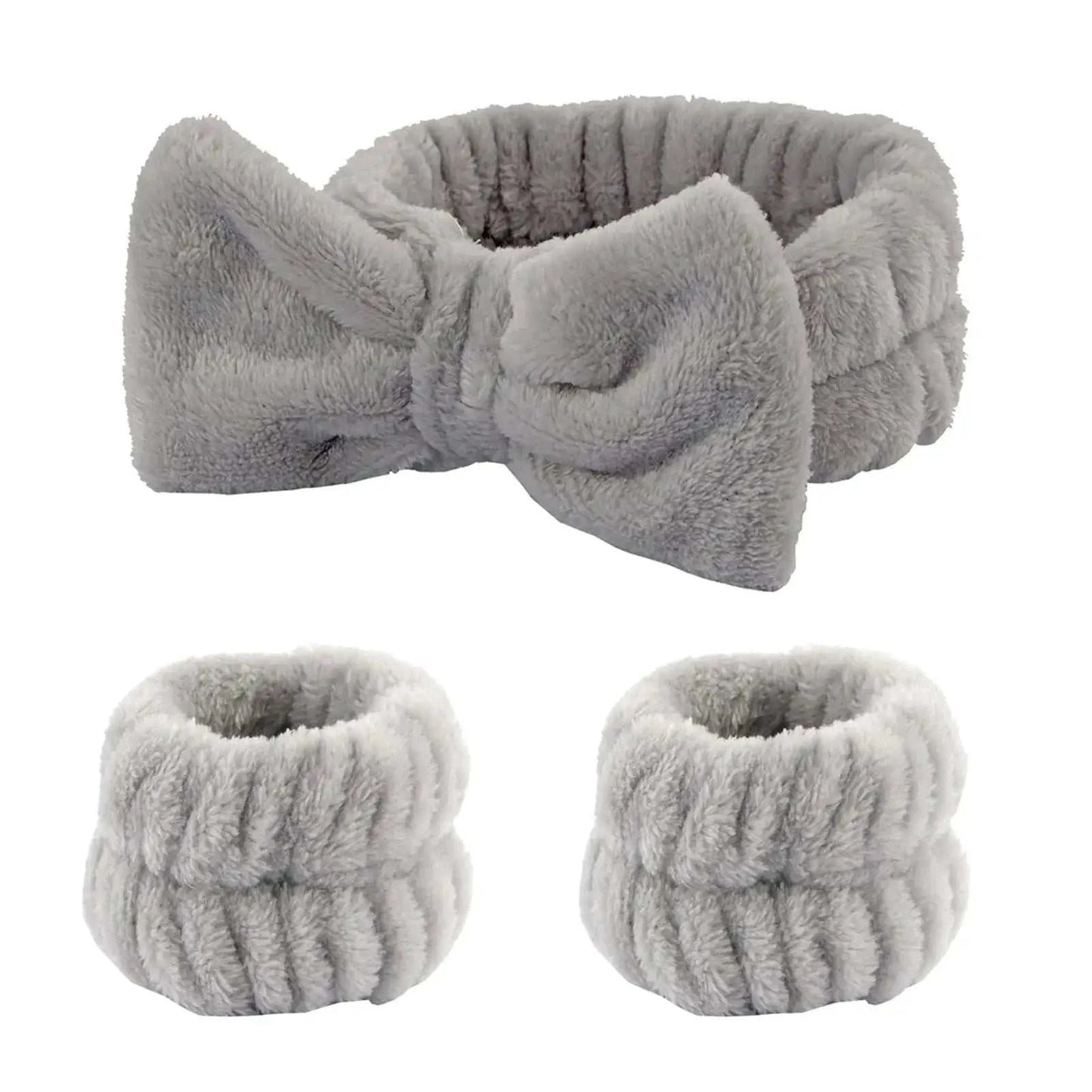 Plush Bow Hair & Wristband Set for skincare routine, includes fleece headband and wrist cuffs, perfect for teens.