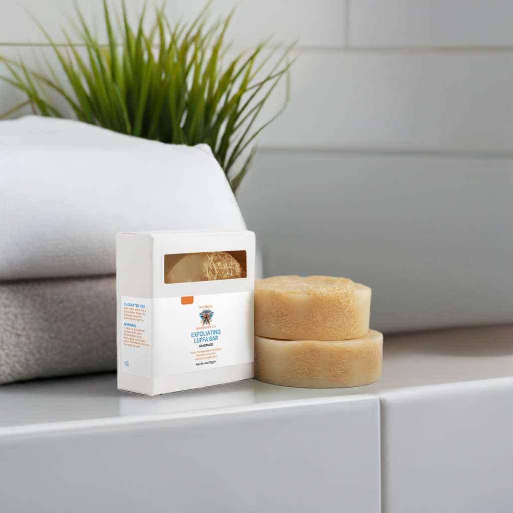 Exfoliating Luffa Bar with natural ingredients on a bathroom counter.
