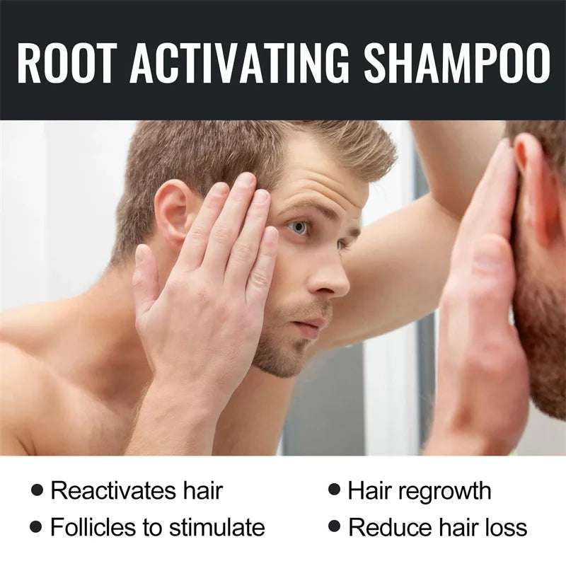 Man examining hair in mirror; promotes hair regrowth; root activating shampoo benefits.