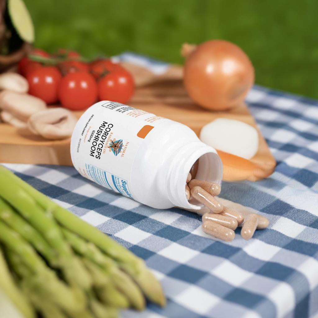 Cordyceps Mushroom capsules on picnic table with vegetables, promoting natural health and immunity.