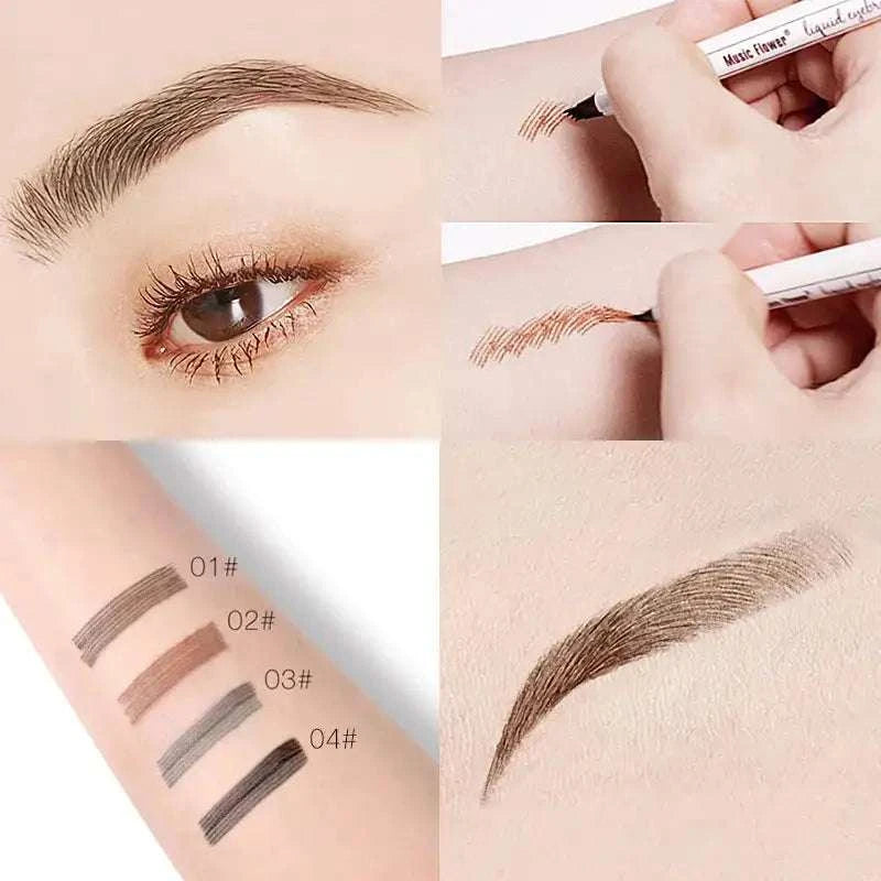 Waterproof Beauty Eye eyebrow pen showcasing natural, smudge-proof strokes and color swatches.