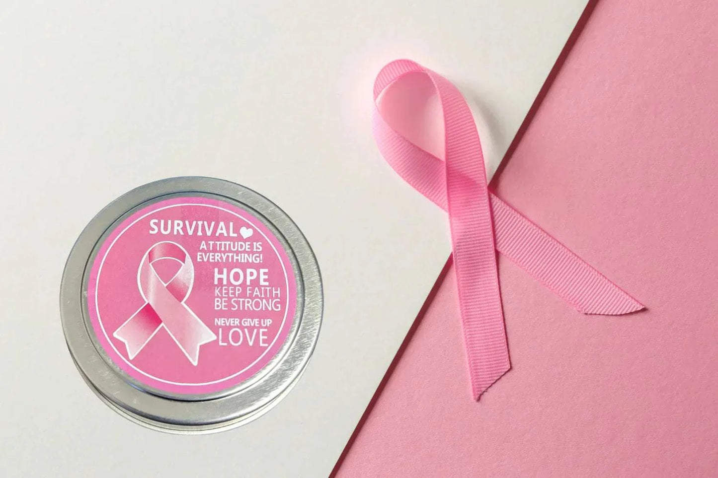 Breast Cancer Awareness Gift Box with pink ribbon and motivational message.