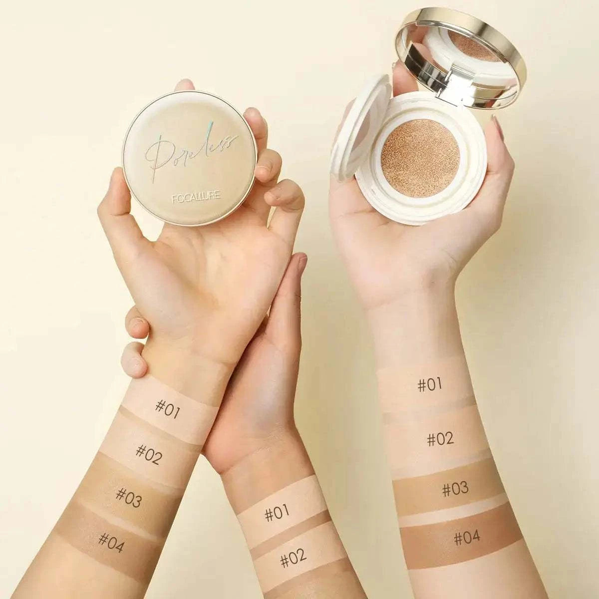 Air Cushion Matte Foundation with shade swatches on arms, showcasing seamless application and matte finish.