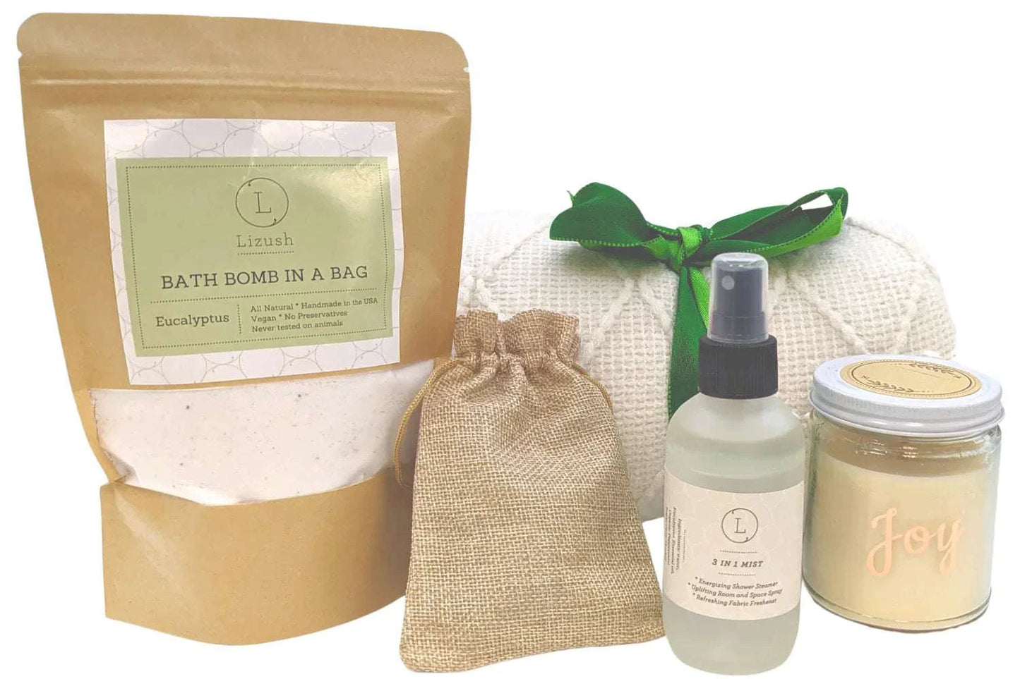 Gift set for him and her featuring bath bomb, blanket, soy candle, shower mist, and sugar scrubs.