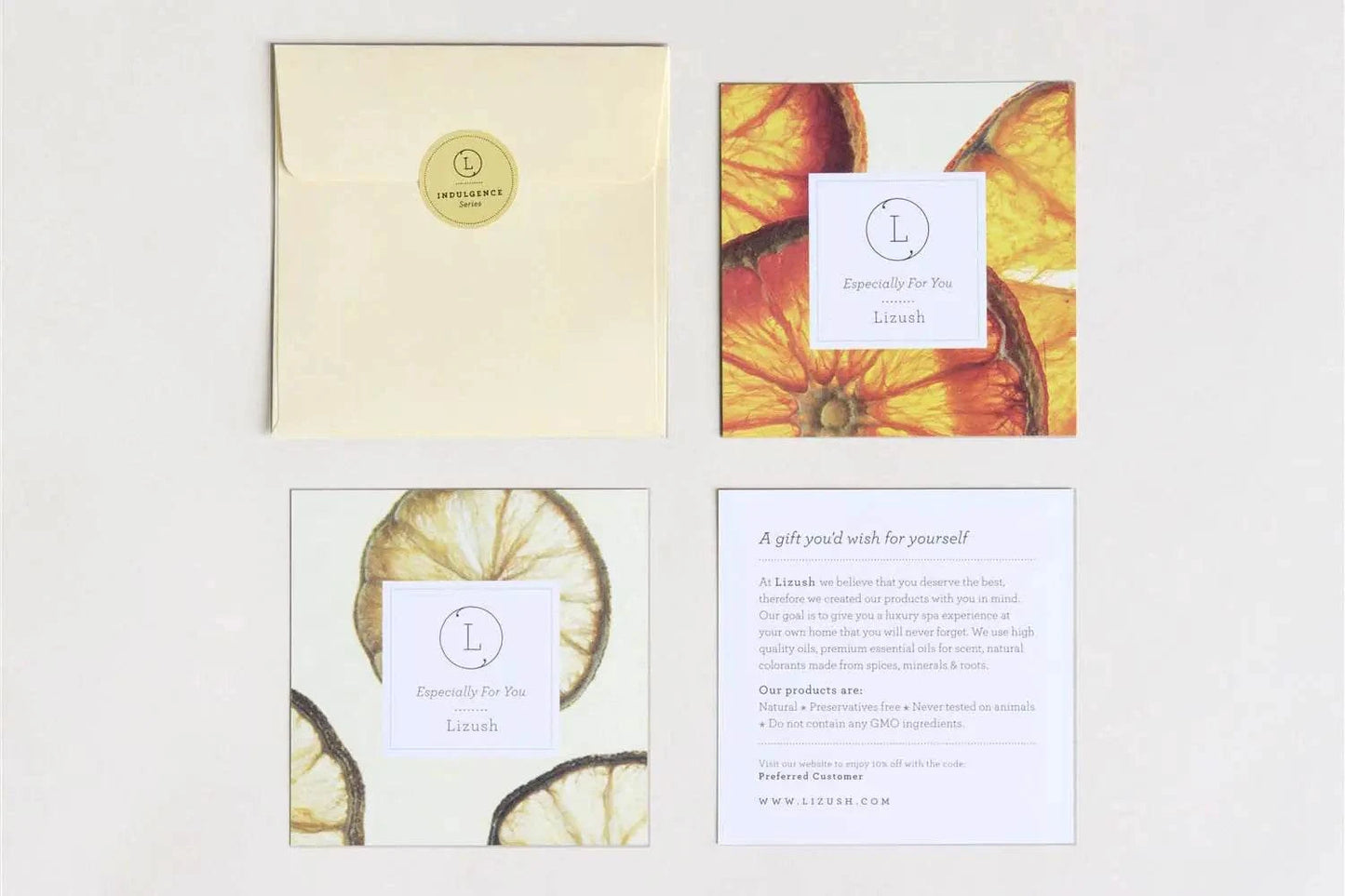 Congratulations gift basket cards and envelope with Lizush branding on neutral background.