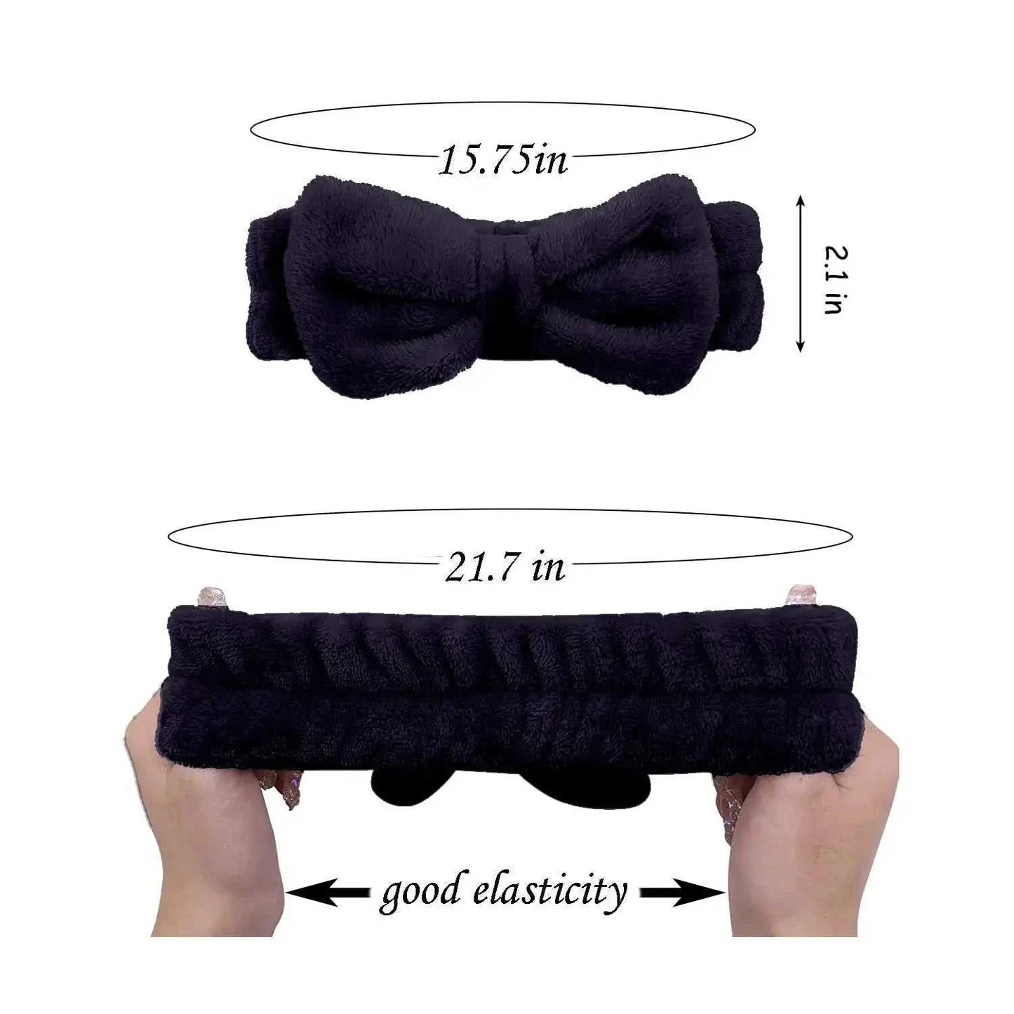 Plush Bow Hair and Wristband Set in black fleece with measurements and elasticity feature.