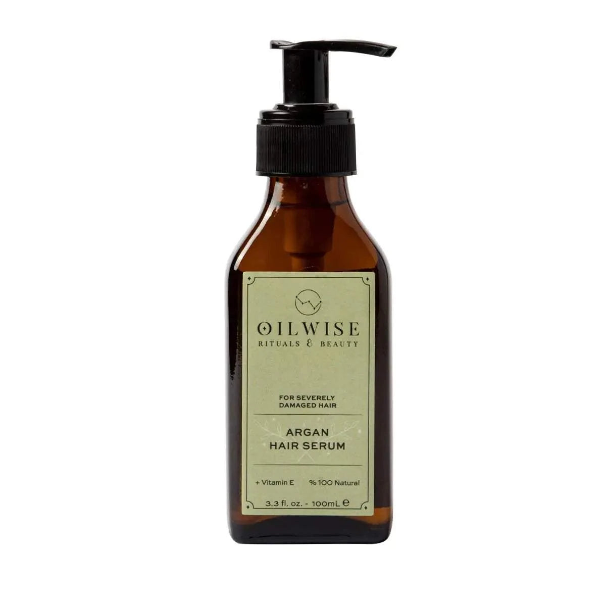 Oilwise Argan Hair Serum bottle for severely damaged hair, enriched with vitamins E and A.