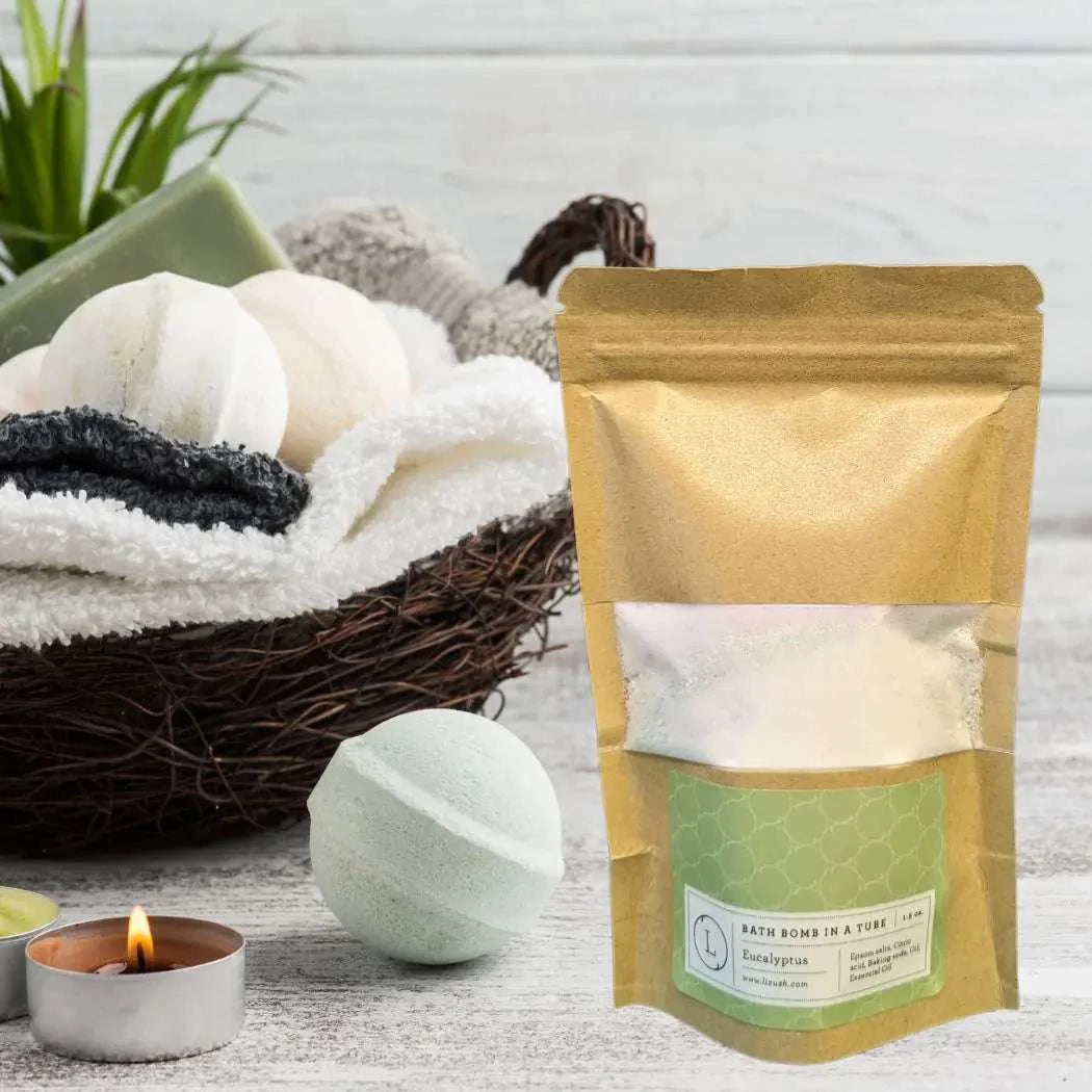 Gift set for him and her with natural relaxers, scented candle, and bath essentials.