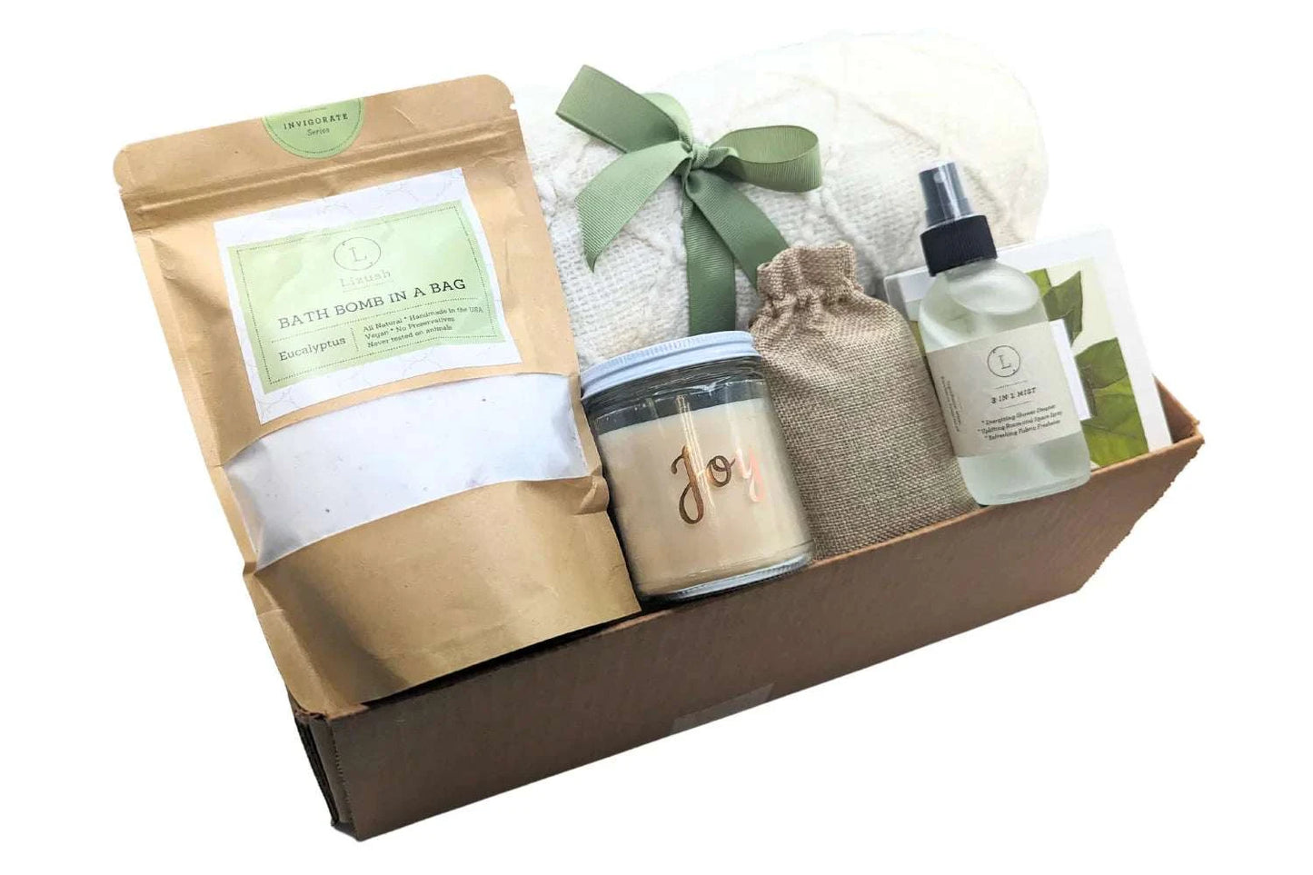 Gift set for him and her with blanket, soy candle, shower mist, sugar scrubs, bath fizz, and gift box.