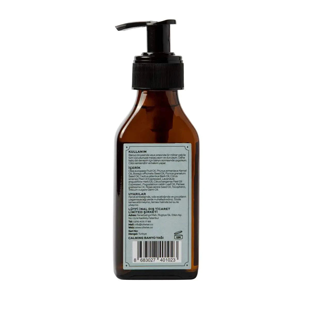 Oilwise Calming Bath Oil 100 ml with essential and cold-pressed oils in brown pump bottle.