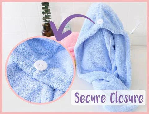 Magic Hair Towel with secure closure, featuring soft blue microfiber material for quick dry hair solution.