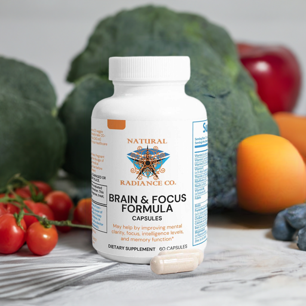 Brain & Focus Formula supplement bottle surrounded by fresh produce.