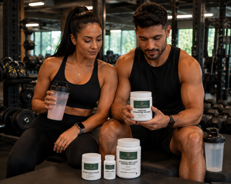 A couple at the gym using Natural Radiance Workout Supplements