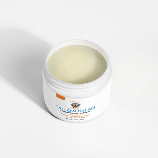 Tallow Cream with Lemongrass and Lavender in white jar, luxurious hydration for radiant skin.