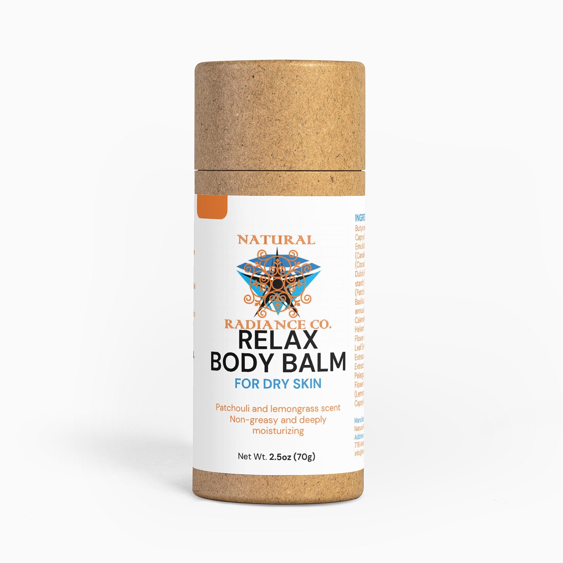 Eco-friendly Relax Body Balm with Patchouli and Lemongrass scent in biodegradable container.