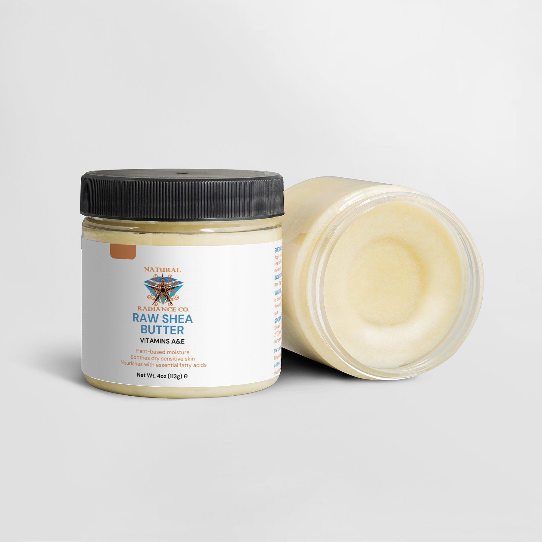 Raw Shea Butter jar, unrefined organic moisturizer, 4 oz, with Vitamins A&E, vegan and cruelty-free.
