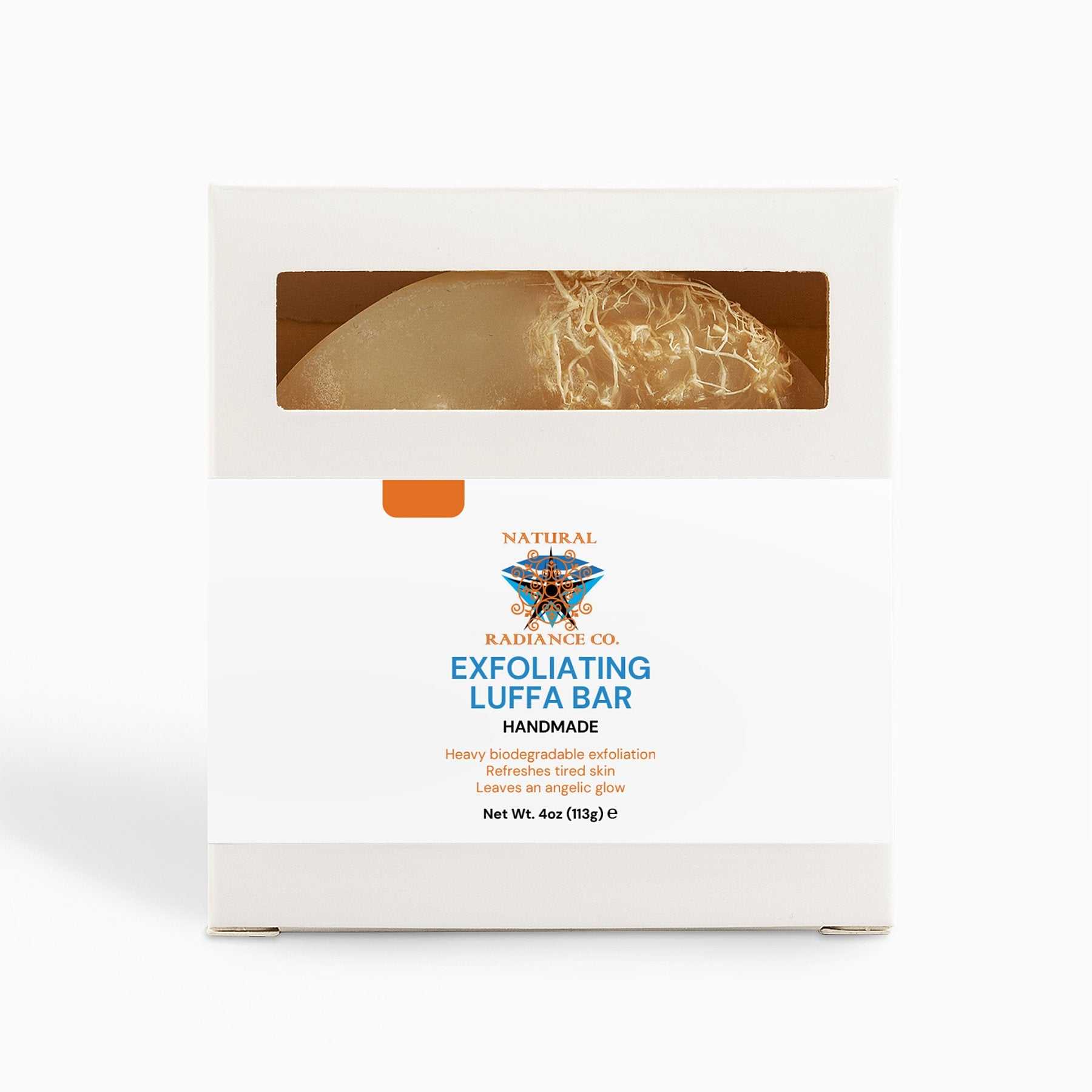 Exfoliating Luffa Bar in packaging, 4 oz, natural skincare product for exfoliation and skin rejuvenation.
