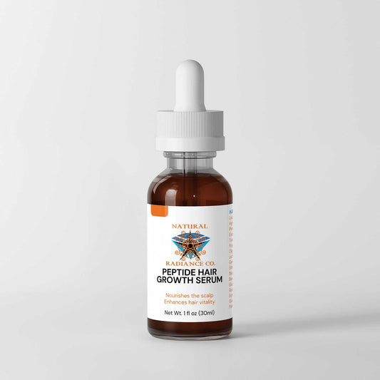 Peptide Hair Growth Serum bottle with dropper, 1 fl oz, enhances hair vitality, nourishes scalp.