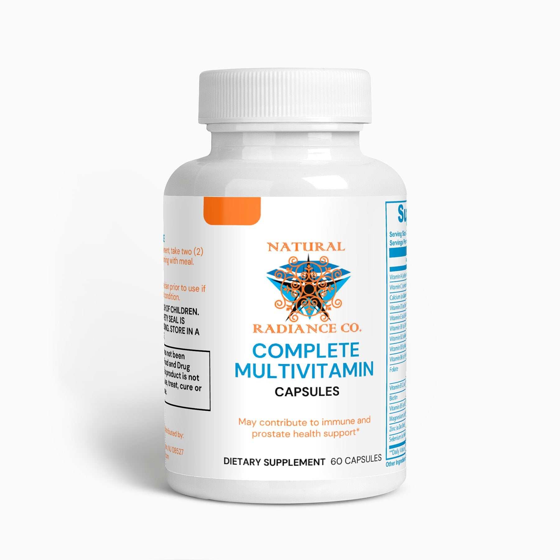 Complete Multivitamin capsules in a white bottle, providing immune and prostate health support.