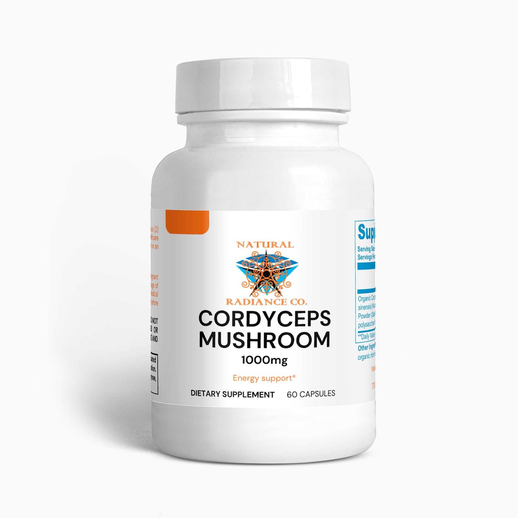 Cordyceps Mushroom supplement bottle with 60 vegan capsules for energy support.