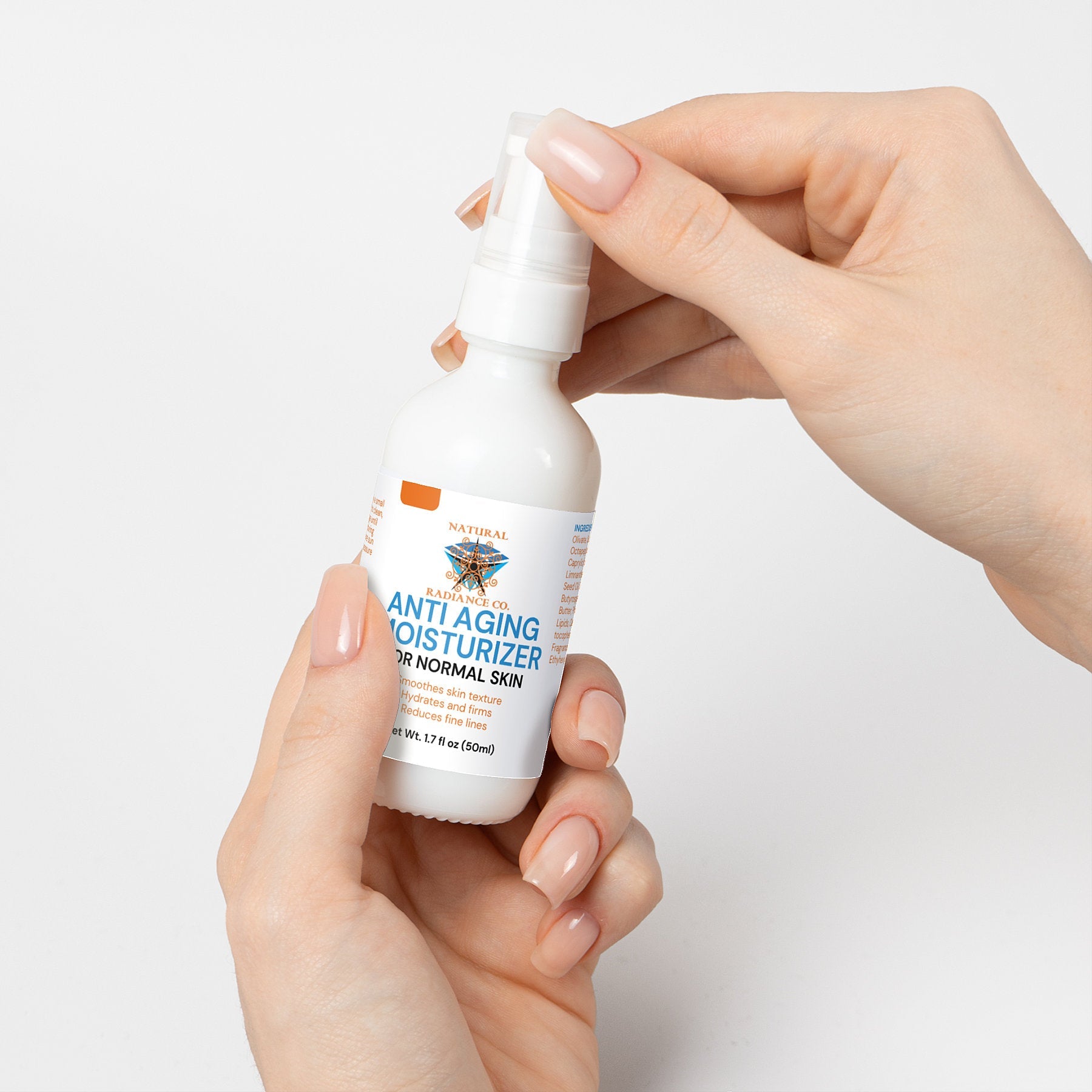 Anti Aging Moisturizer bottle for normal skin held in hands, 1.7 fl oz, promoting rejuvenation and hydration.